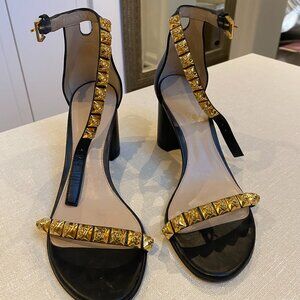Stuart Weitzman Rosemarie Black Rose Gold Stud Sandals Leather